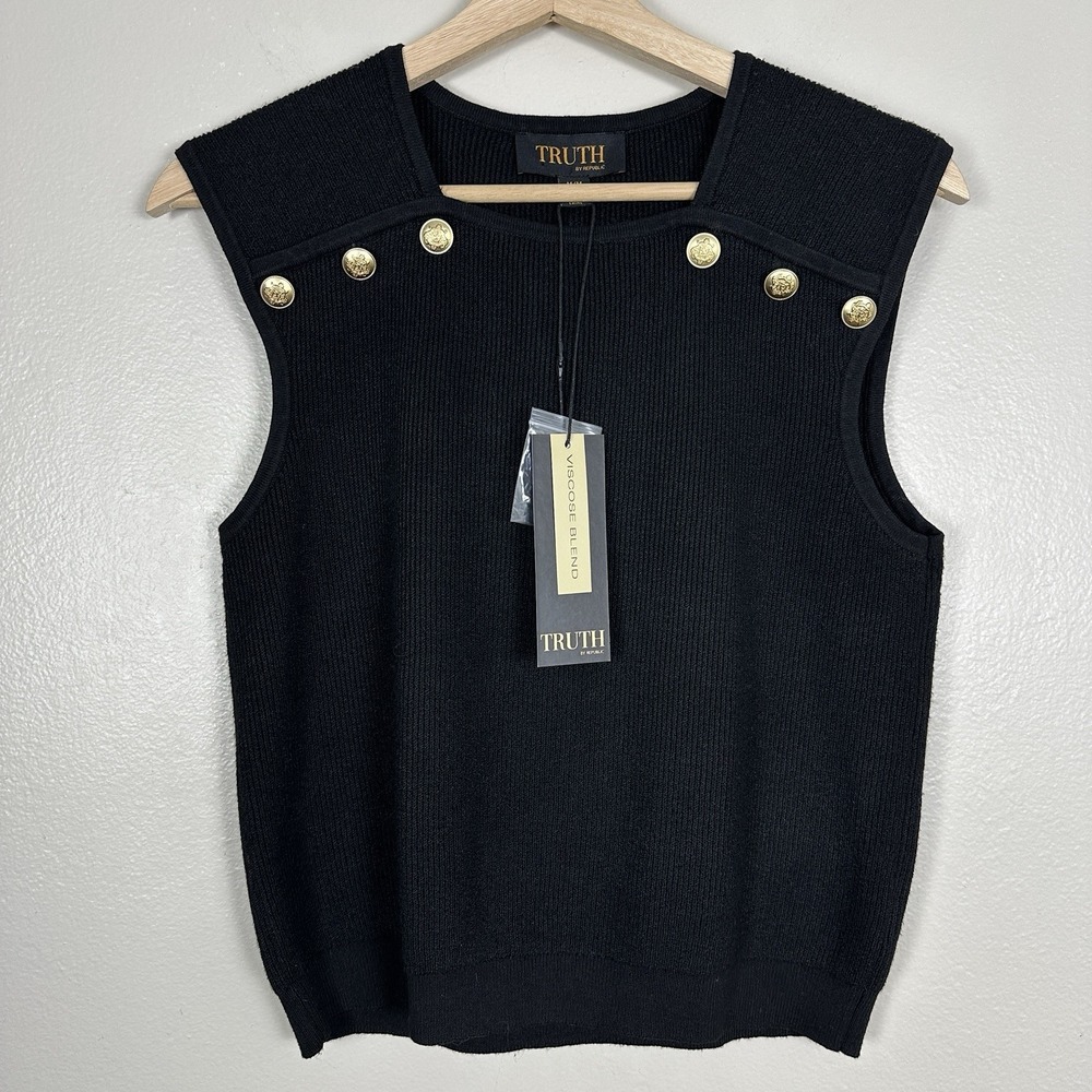 Truth By Republic Women's M Sweater‎ Tank Black Embellished Button Accents NEW